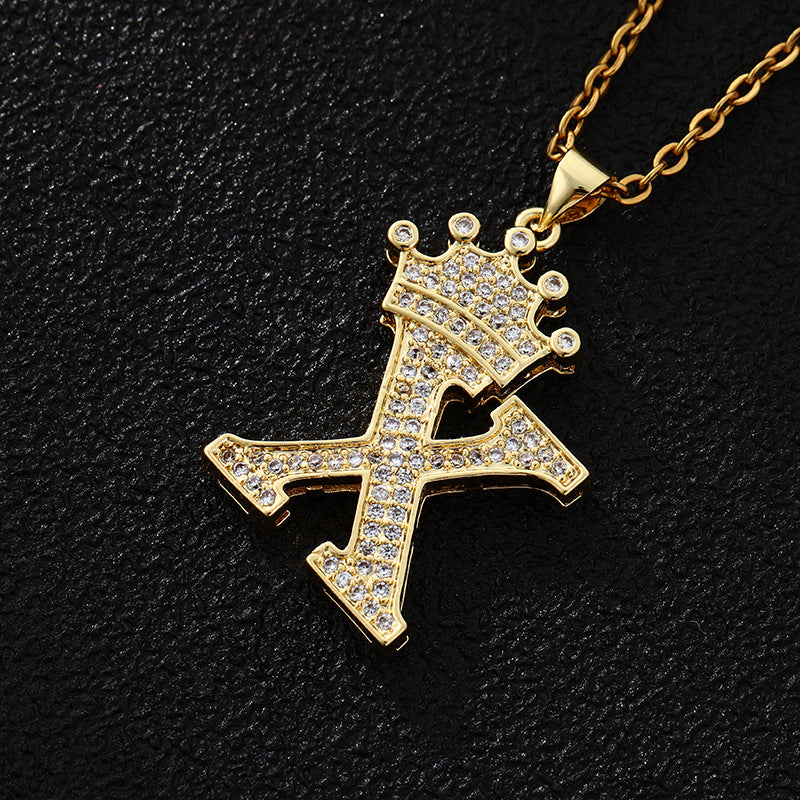 Collana con ciondolo a corona con lettera alla moda da 26 pezzi Collana in acciaio inossidabile con ciondolo a lettera con strass Gioielli da donna Regalo