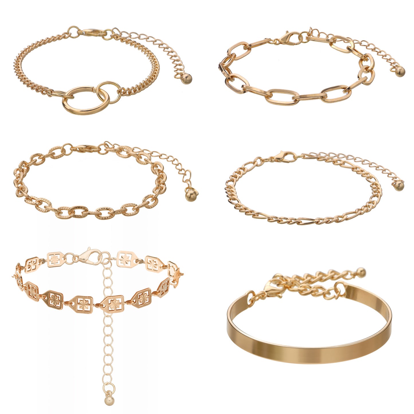 Fashion Trendy Geometric Alloy Multi-Layer Bracelet Set for Women - Ins Style 6-Piece Jewelry Gift