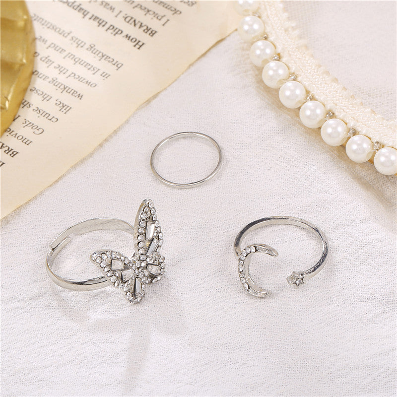 Minimalist Casual Geometric Butterfly Moon Cubic Zirconia Plated Alloy Adjustable Ring for Women