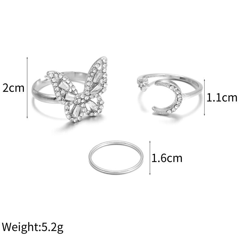 Minimalist Casual Geometric Butterfly Moon Cubic Zirconia Plated Alloy Adjustable Ring for Women