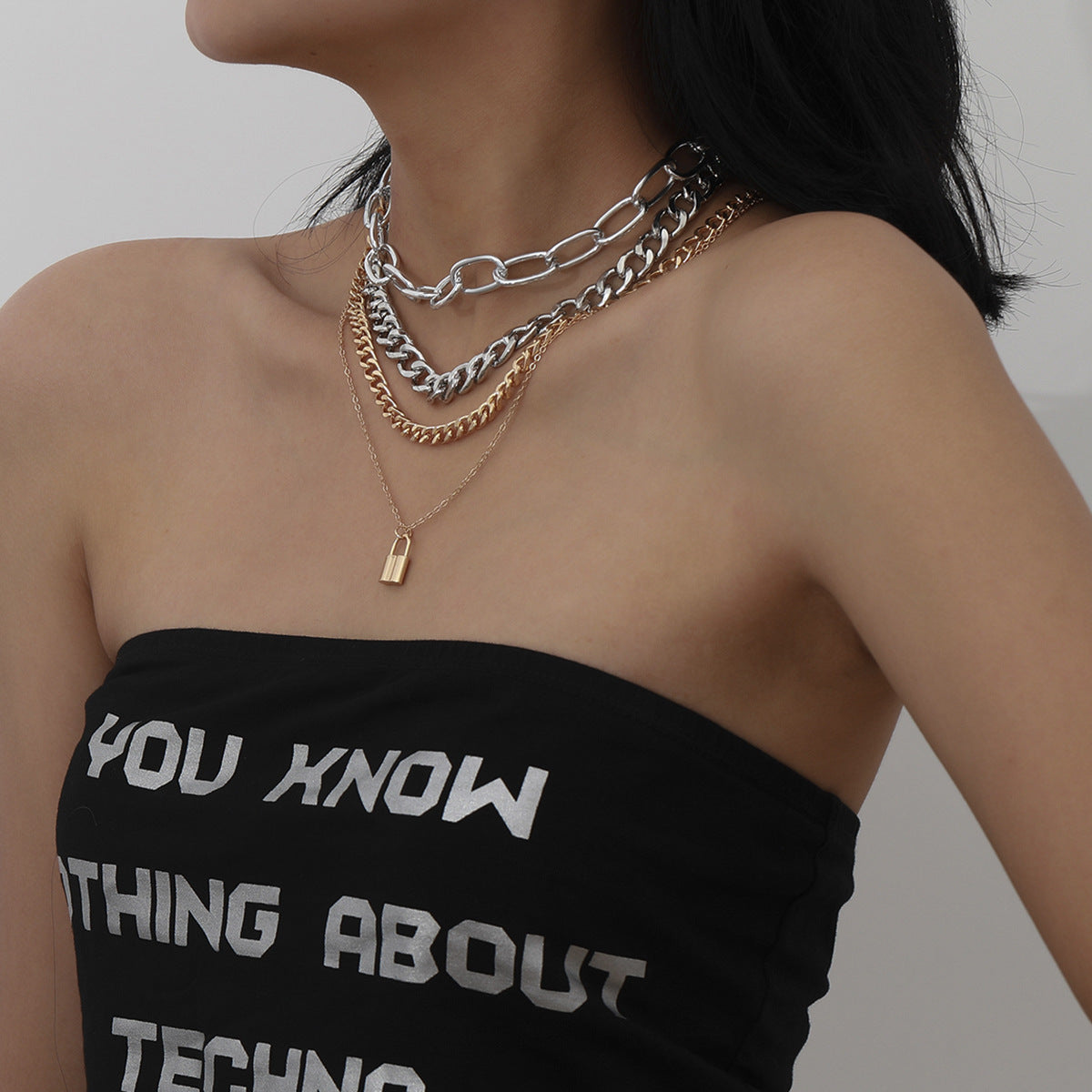 Minimalist Alloy Plated Lock Pendant Multi-layer Curb Chain Necklace for Women