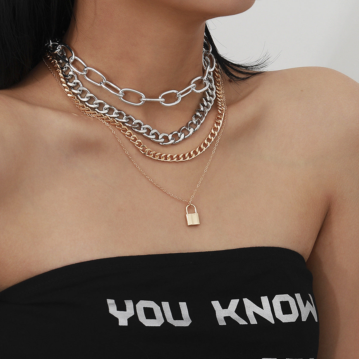 Minimalist Alloy Plated Lock Pendant Multi-layer Curb Chain Necklace for Women