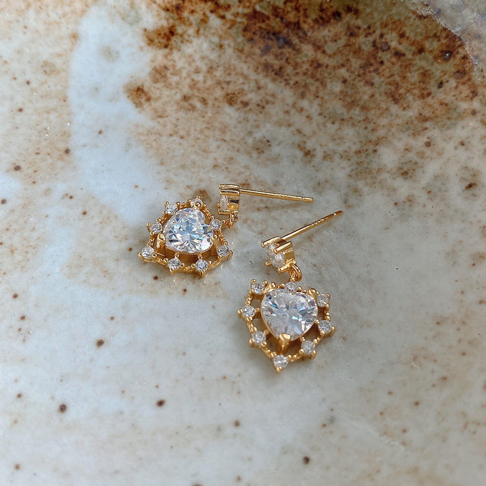 Minimalist Sweet 925 Sterling Silver 18K Gold Plated Heart Cubic Zirconia Inlay Earrings