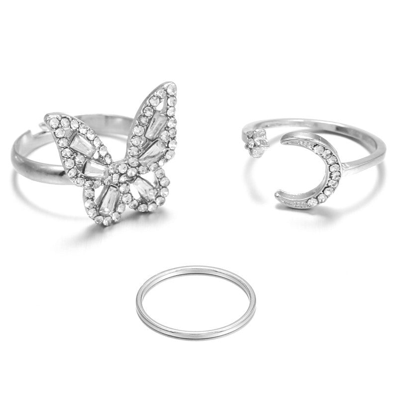 Minimalist Casual Geometric Butterfly Moon Cubic Zirconia Plated Alloy Adjustable Ring for Women