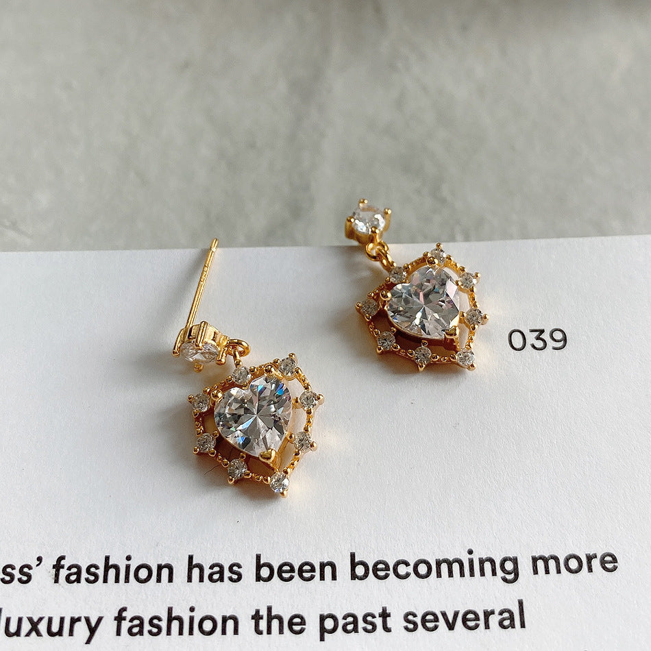 Minimalist Sweet 925 Sterling Silver 18K Gold Plated Heart Cubic Zirconia Inlay Earrings