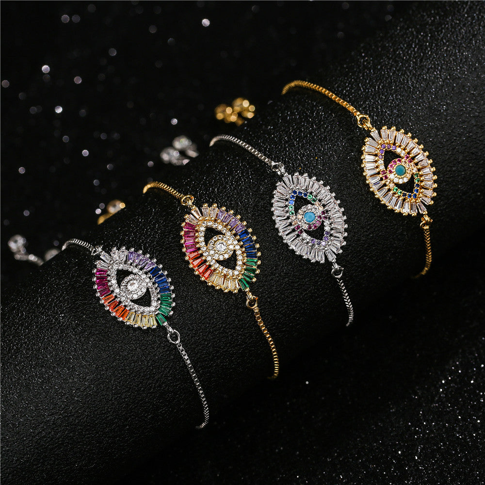 Trendy Women's Brass Micro-Inlaid Cubic Zirconia Evil Eye Pull-String Bracelet