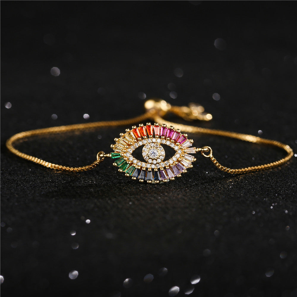 Trendy Women's Brass Micro-Inlaid Cubic Zirconia Evil Eye Pull-String Bracelet