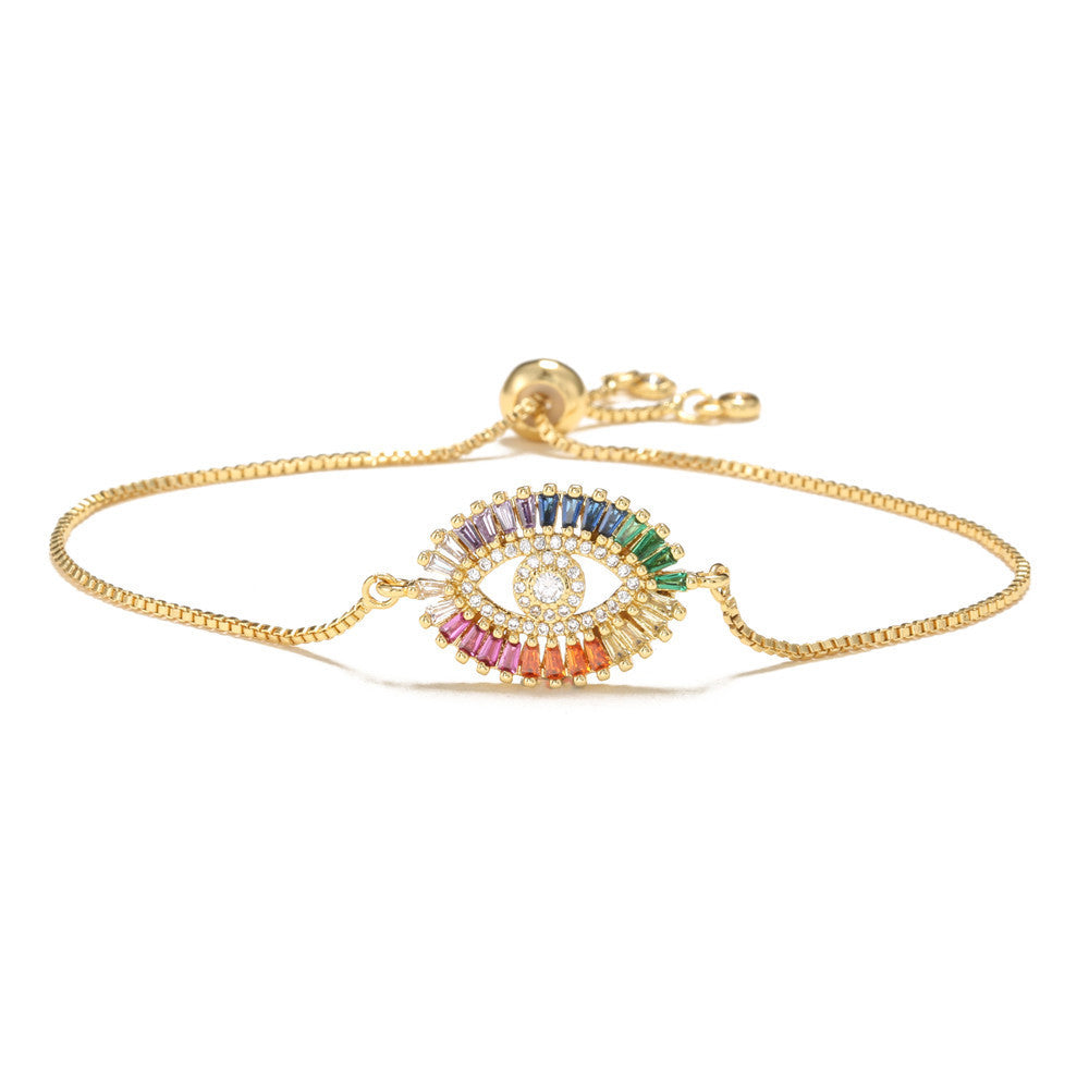 Trendy Women's Brass Micro-Inlaid Cubic Zirconia Evil Eye Pull-String Bracelet