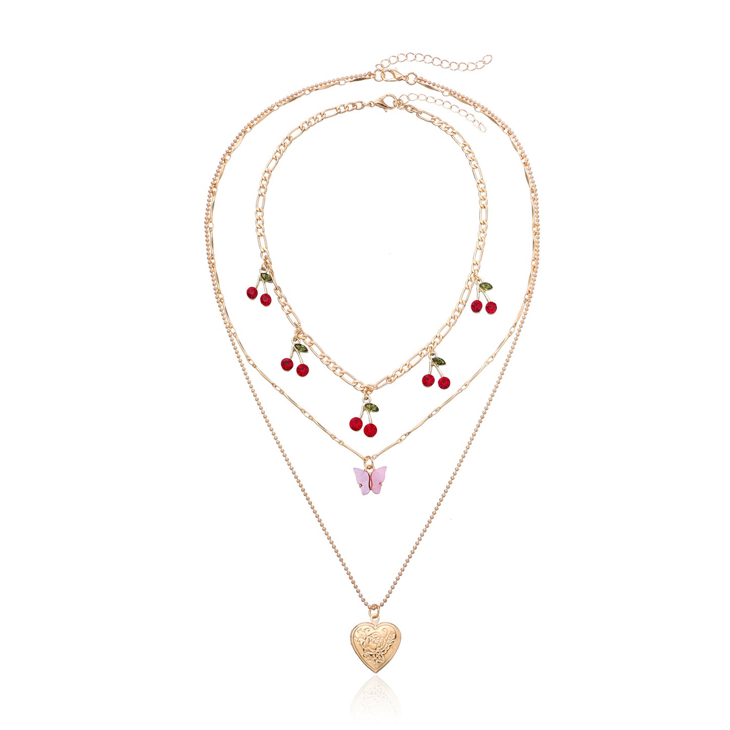 Collana con ciondolo a cuore ciliegia rossa con coperchio apribile, ciondolo a farfalla rosa multistrato, gioielli da donna con catena a croce placcata in lega