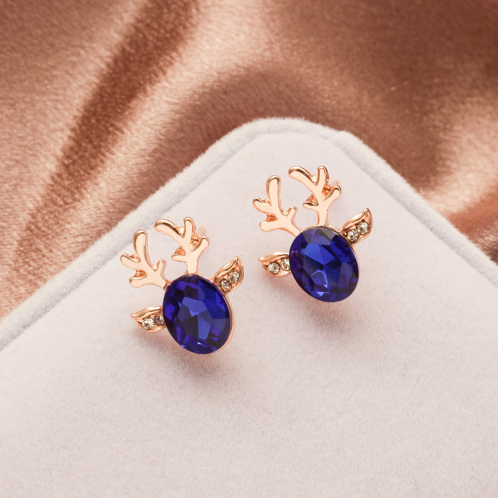 Pendientes de tuerca coreanos con astas de ciervo de cristal para mujer, joyería navideña, aretes sin colgantes con forma de animal, a la moda