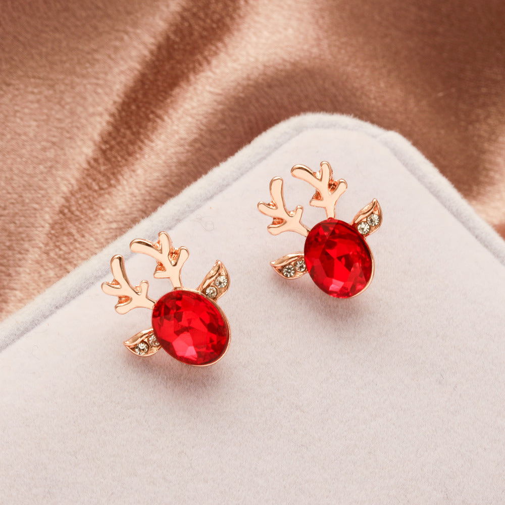 Pendientes de tuerca coreanos con astas de ciervo de cristal para mujer, joyería navideña, aretes sin colgantes con forma de animal, a la moda