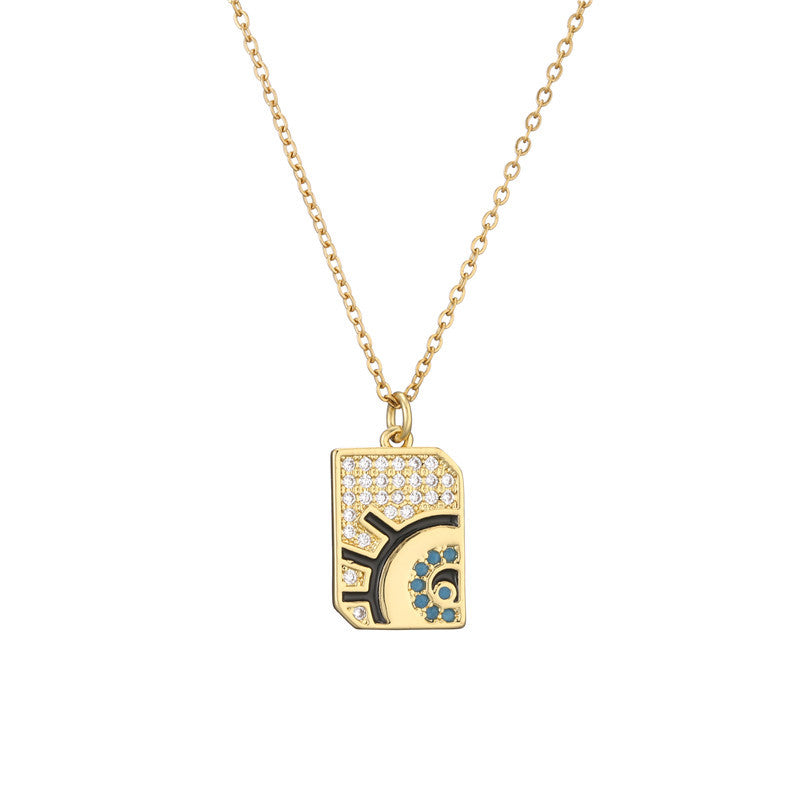Sweet 18K Gold Plated Geometric Key Eye Round Brass Diamond Pendant Necklace for Women