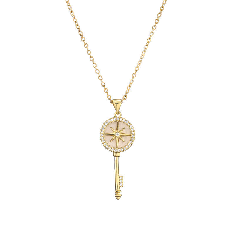 Sweet 18K Gold Plated Geometric Key Eye Round Brass Diamond Pendant Necklace for Women