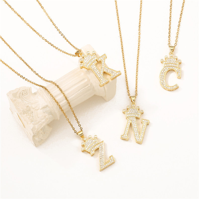 Women's Letter Pendant Necklace with Rhinestone Inlay, Copper O-Chain, European Style Fashion Casual Jewelry