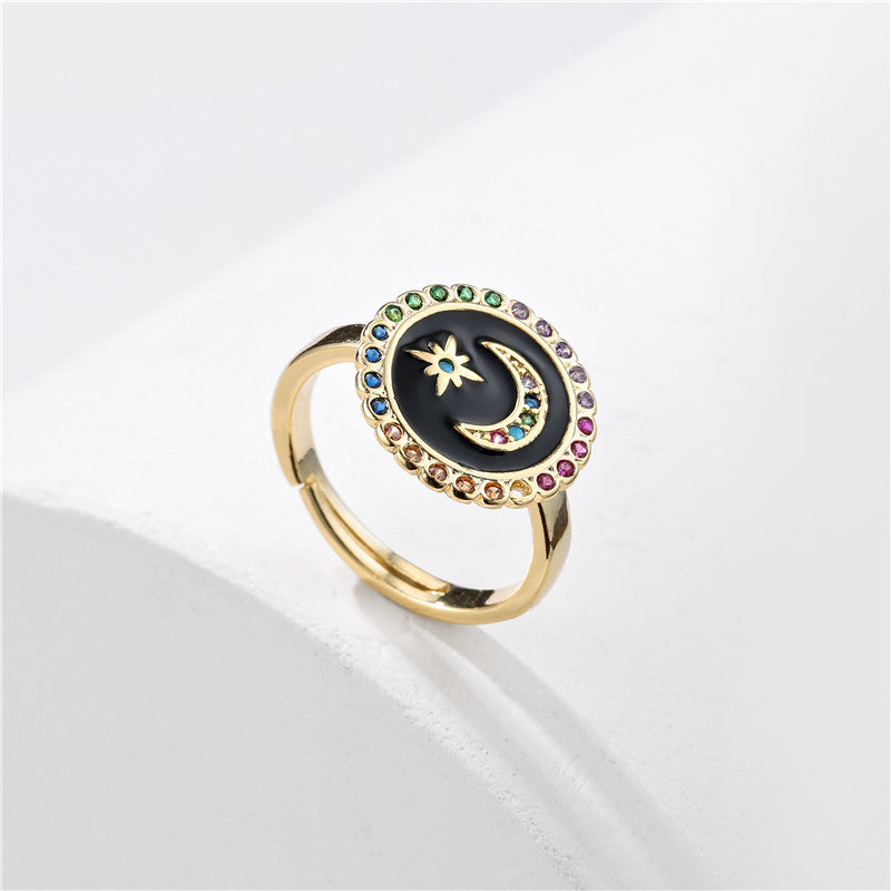 Minimalist 18K Gold Plated Drip Oil Moon Star Geometric Brass Ring with Cubic Zirconia Inlay