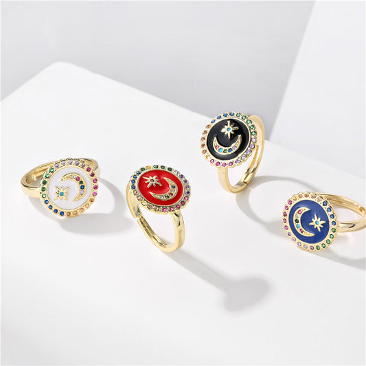 Minimalist 18K Gold Plated Drip Oil Moon Star Geometric Brass Ring with Cubic Zirconia Inlay
