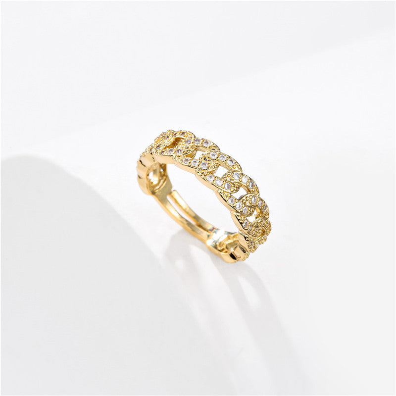 Gold Plated Geometric Cuban Link Chain Open Ring Brass Micro Inlaid Cubic Zirconia for Women