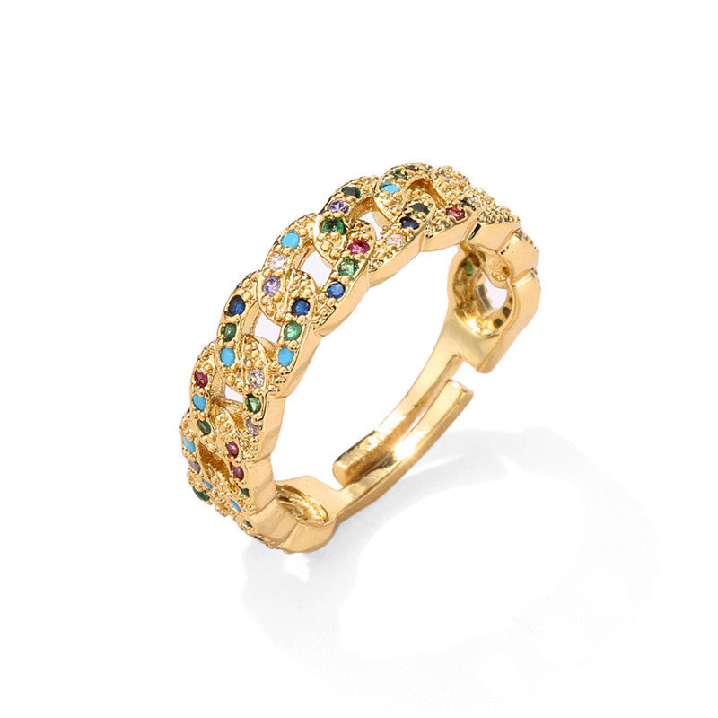 Gold Plated Geometric Cuban Link Chain Open Ring Brass Micro Inlaid Cubic Zirconia for Women