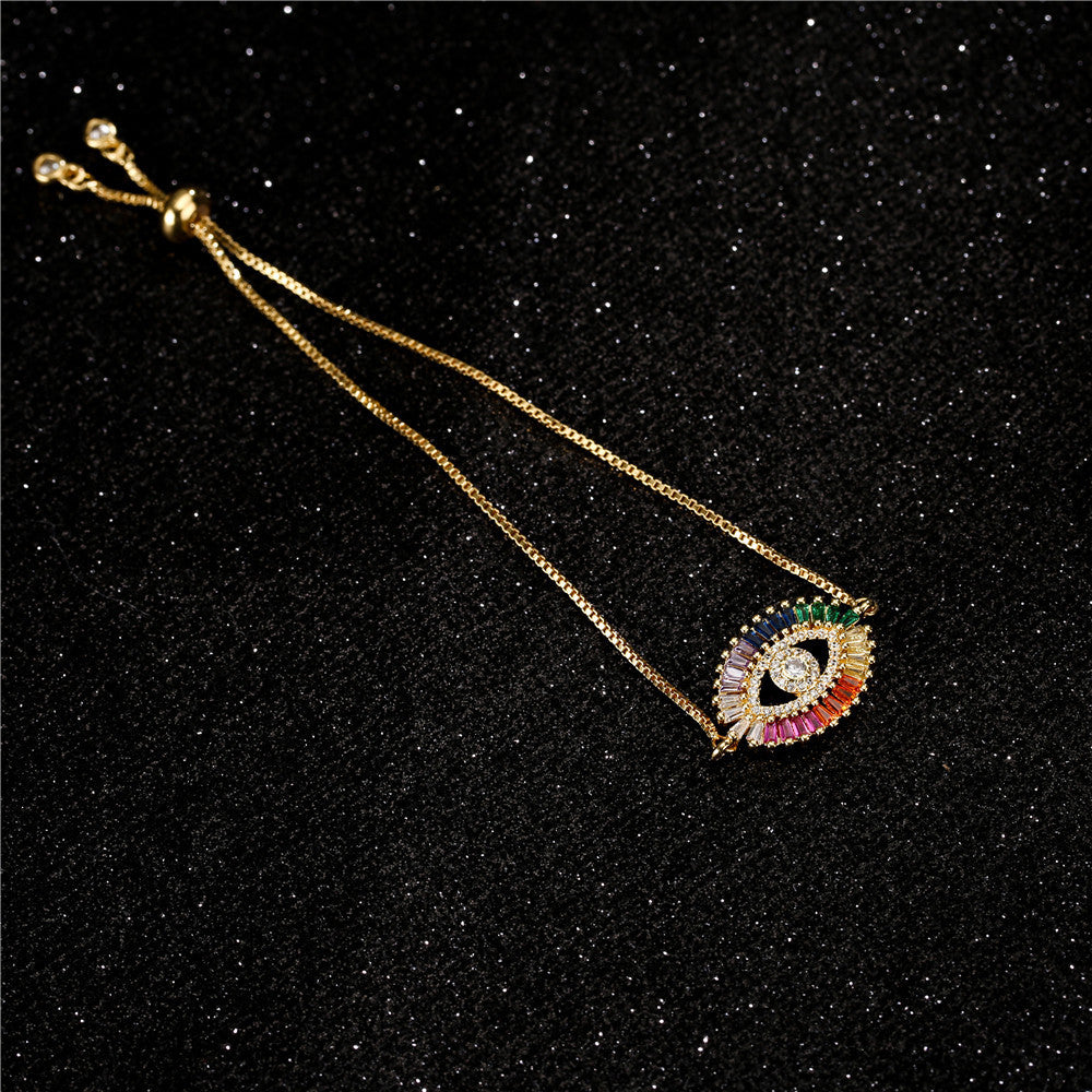 Trendy Women's Brass Micro-Inlaid Cubic Zirconia Evil Eye Pull-String Bracelet