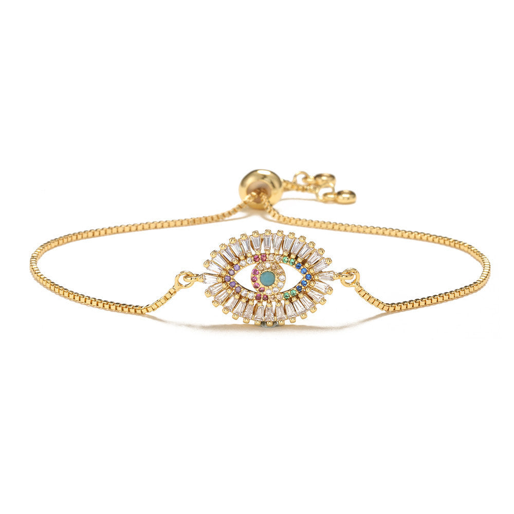 Trendy Women's Brass Micro-Inlaid Cubic Zirconia Evil Eye Pull-String Bracelet