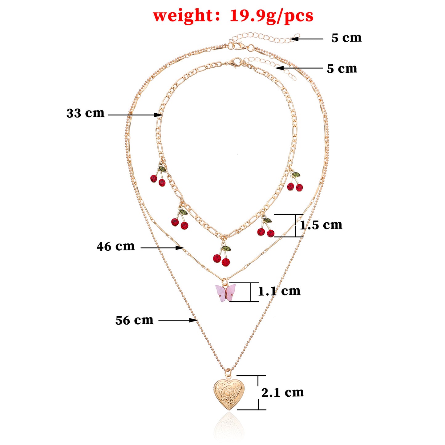 Collana con ciondolo a cuore ciliegia rossa con coperchio apribile, ciondolo a farfalla rosa multistrato, gioielli da donna con catena a croce placcata in lega