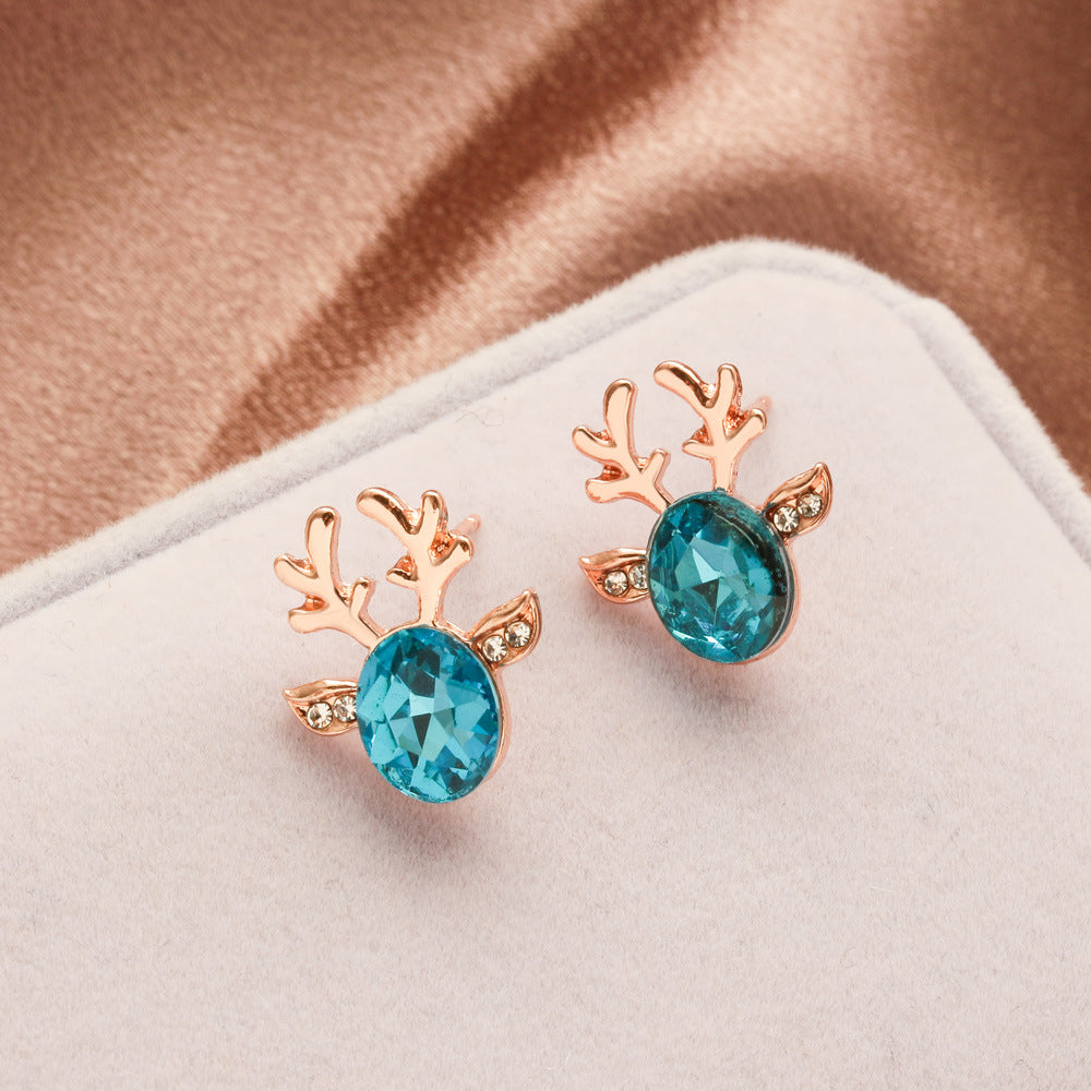 Pendientes de tuerca coreanos con astas de ciervo de cristal para mujer, joyería navideña, aretes sin colgantes con forma de animal, a la moda