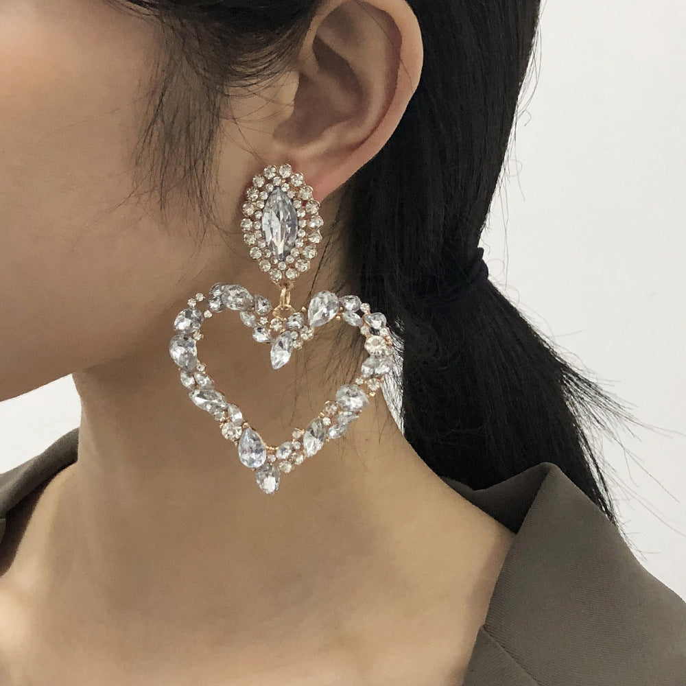 E8893 Pendientes de Mujer en Forma de Corazón de Aleación con Diamantes de Imitación Chapados Estilo Dulce a la Moda Pendientes Largos