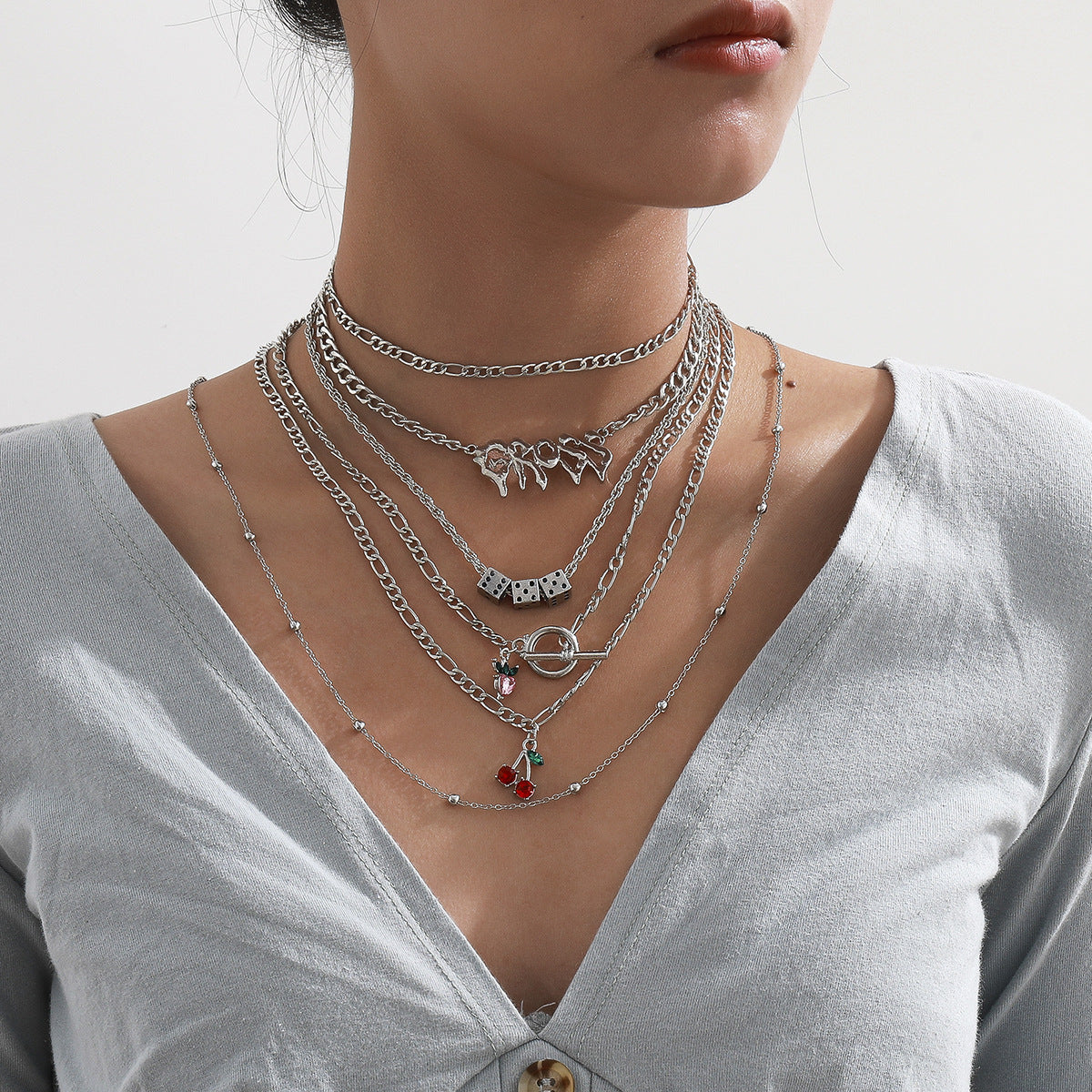 Exaggerated Multi-Layer Geometric Letter Dice Alloy Plated Necklace Set with Singapore Chain for Women