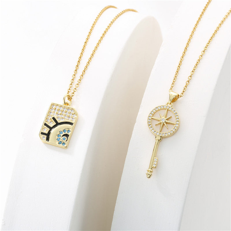 Sweet 18K Gold Plated Geometric Key Eye Round Brass Diamond Pendant Necklace for Women