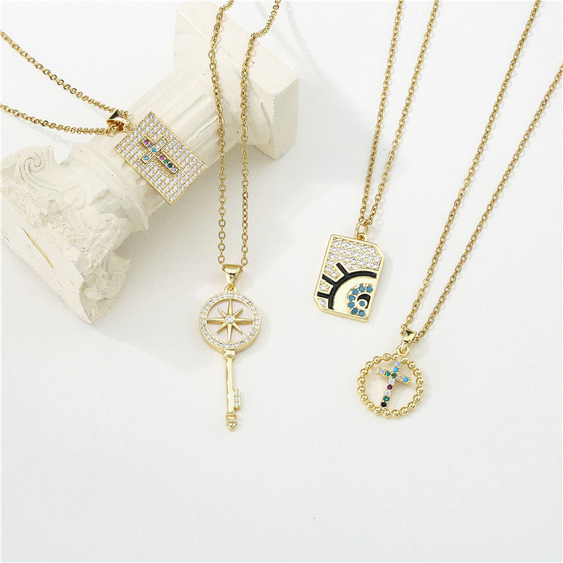 Sweet 18K Gold Plated Geometric Key Eye Round Brass Diamond Pendant Necklace for Women