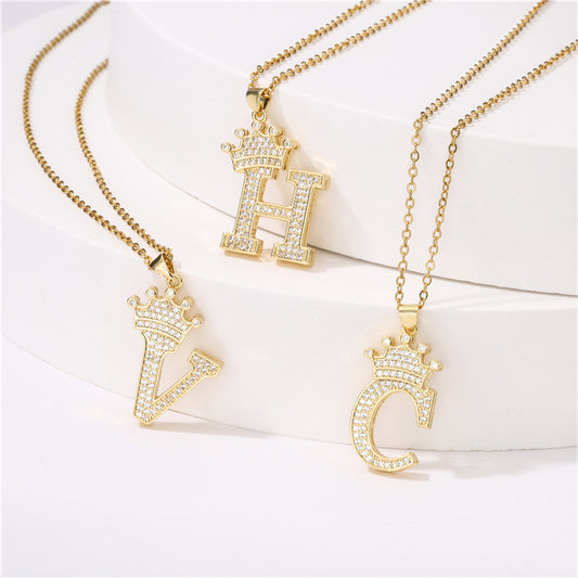 Women's Letter Pendant Necklace with Rhinestone Inlay, Copper O-Chain, European Style Fashion Casual Jewelry