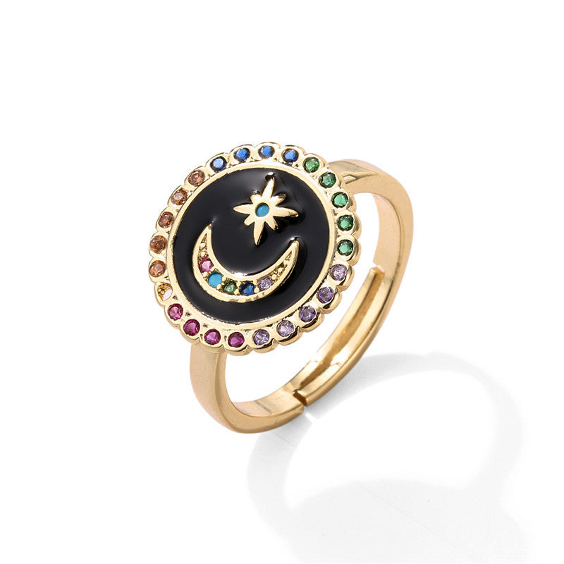 Minimalist 18K Gold Plated Drip Oil Moon Star Geometric Brass Ring with Cubic Zirconia Inlay