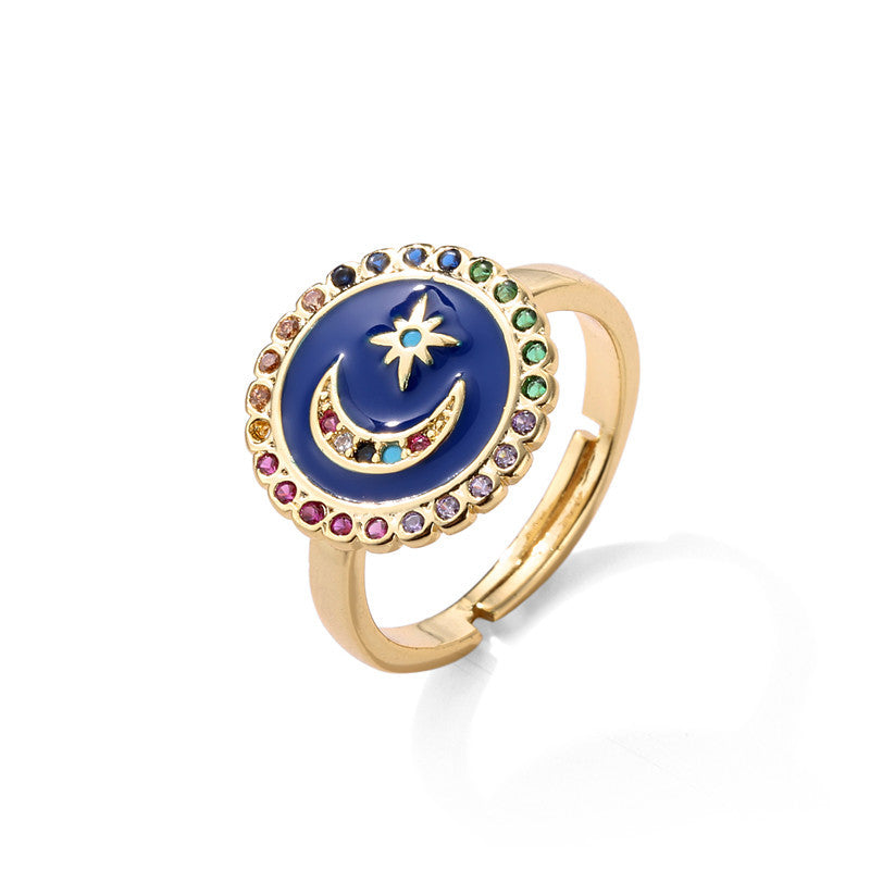 Minimalist 18K Gold Plated Drip Oil Moon Star Geometric Brass Ring with Cubic Zirconia Inlay