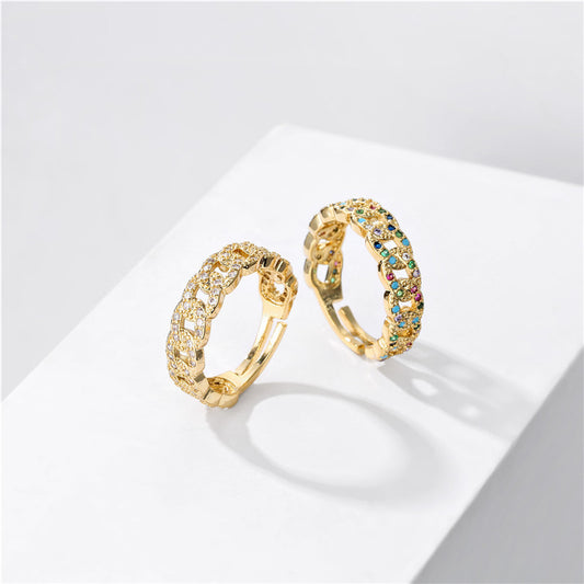 Gold Plated Geometric Cuban Link Chain Open Ring Brass Micro Inlaid Cubic Zirconia for Women