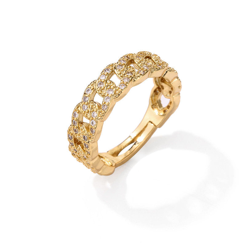 Gold Plated Geometric Cuban Link Chain Open Ring Brass Micro Inlaid Cubic Zirconia for Women