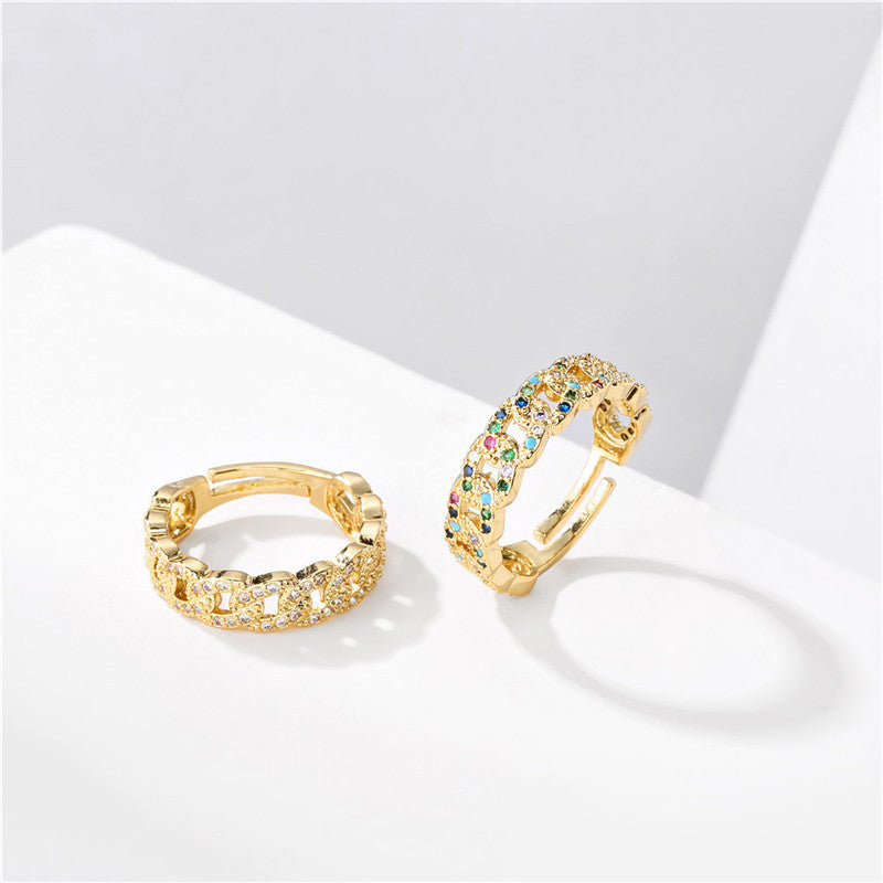 Gold Plated Geometric Cuban Link Chain Open Ring Brass Micro Inlaid Cubic Zirconia for Women