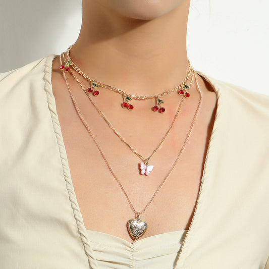 Red Cherry Heart Pendant Necklace with Openable Cover, Multi-Layer Pink Butterfly Pendant, Alloy Plated Cross Chain Jewelry for Women