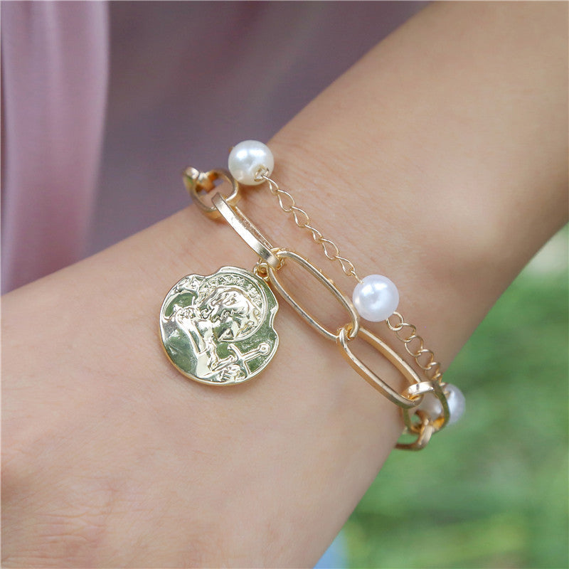 Vintage Minimalist Round Pearl Double Layer Chain Bracelet