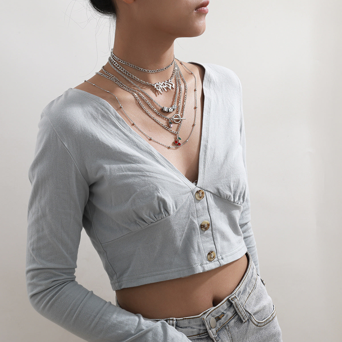 Exaggerated Multi-Layer Geometric Letter Dice Alloy Plated Necklace Set with Singapore Chain for Women