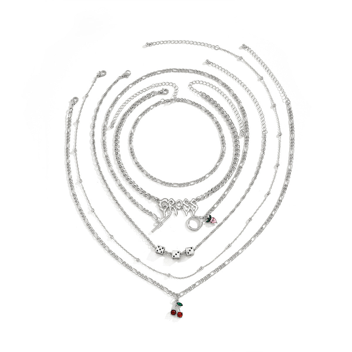 Exaggerated Multi-Layer Geometric Letter Dice Alloy Plated Necklace Set with Singapore Chain for Women