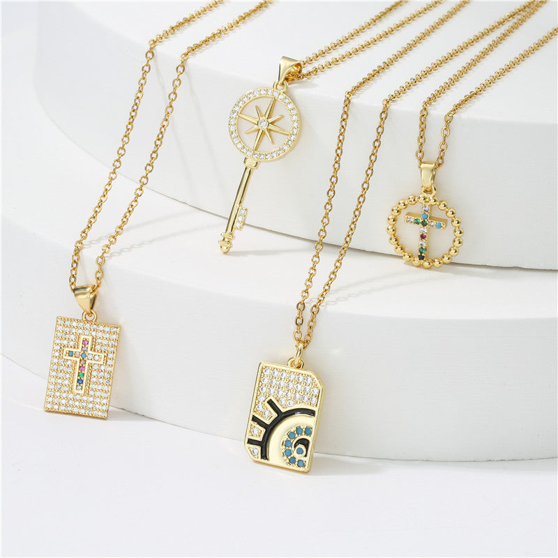Sweet 18K Gold Plated Geometric Key Eye Round Brass Diamond Pendant Necklace for Women