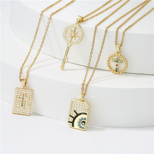 Sweet 18K Gold Plated Geometric Key Eye Round Brass Diamond Pendant Necklace for Women