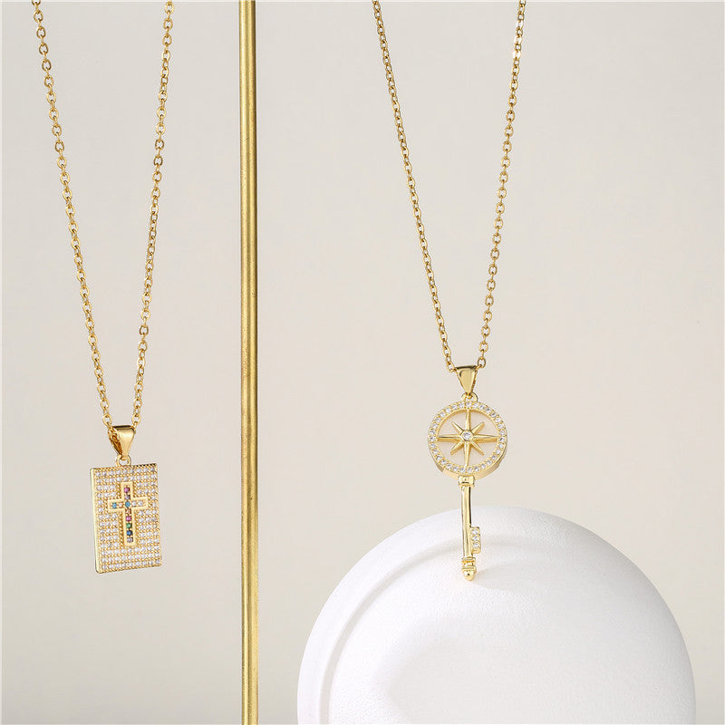 Sweet 18K Gold Plated Geometric Key Eye Round Brass Diamond Pendant Necklace for Women