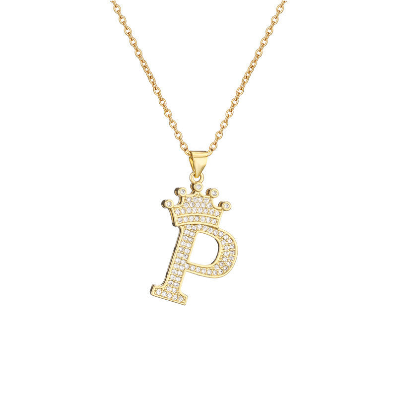 Women's Letter Pendant Necklace with Rhinestone Inlay, Copper O-Chain, European Style Fashion Casual Jewelry