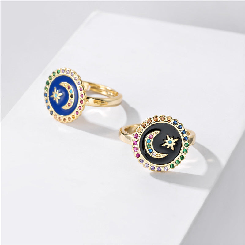 Minimalist 18K Gold Plated Drip Oil Moon Star Geometric Brass Ring with Cubic Zirconia Inlay