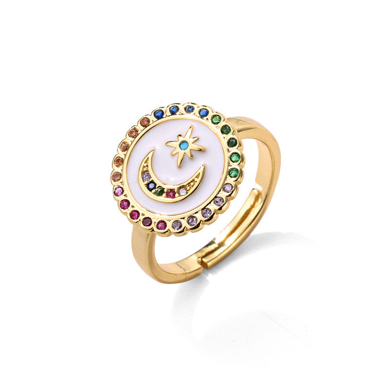 Minimalist 18K Gold Plated Drip Oil Moon Star Geometric Brass Ring with Cubic Zirconia Inlay