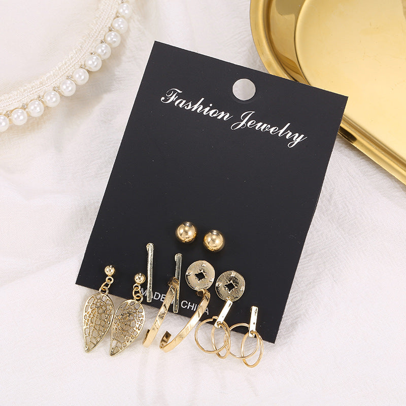 Vintage Geometric Leaf Compass Hollow Rectangle Round Stud Earrings Set Alloy Plated Micro-inlay Unisex