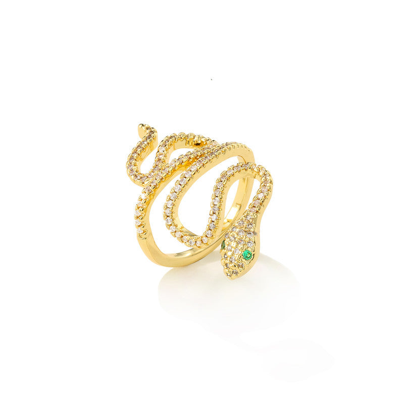 Minimalist Snake Shaped Brass Ring with Cubic Zirconia Inlay for Women