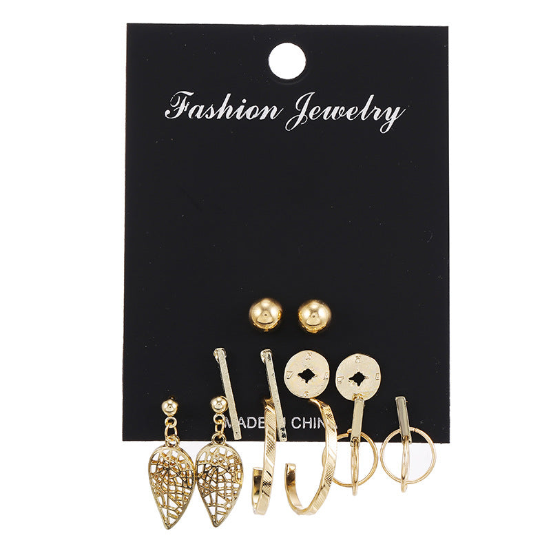 Vintage Geometric Leaf Compass Hollow Rectangle Round Stud Earrings Set Alloy Plated Micro-inlay Unisex