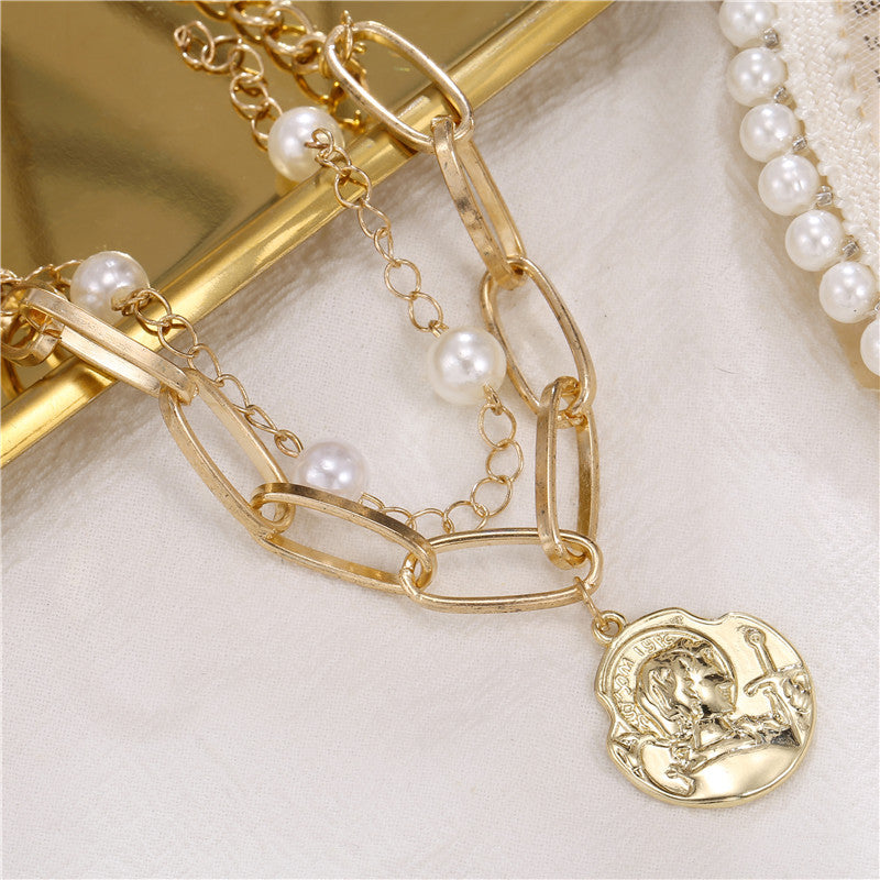 Vintage Minimalist Round Pearl Double Layer Chain Bracelet